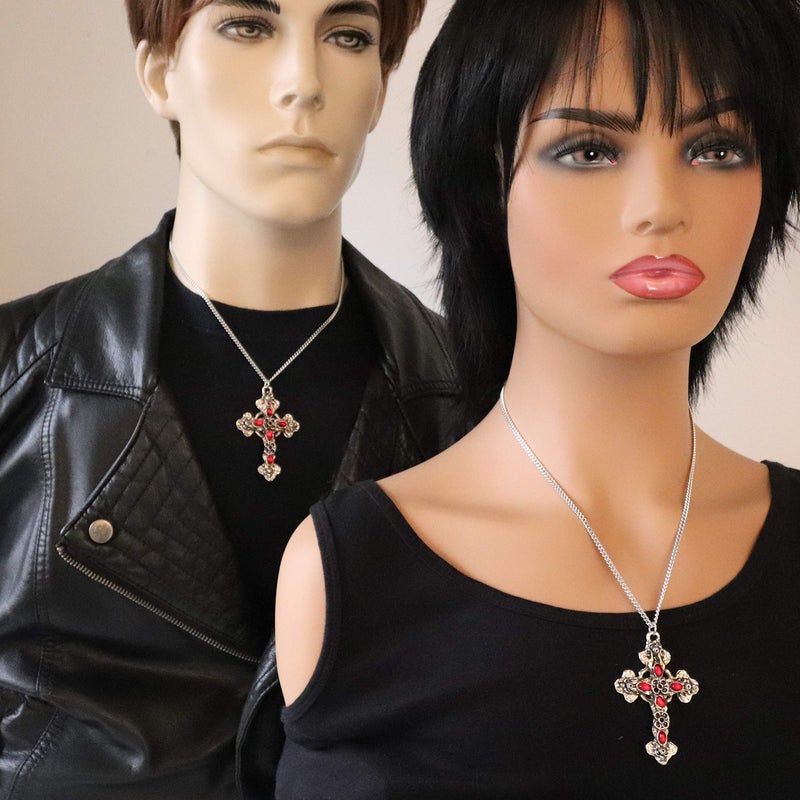 Real Metal Gothic Filigree Cross with Red Stones Medieval Renaissance Pewter Pendant Necklace - Image 2